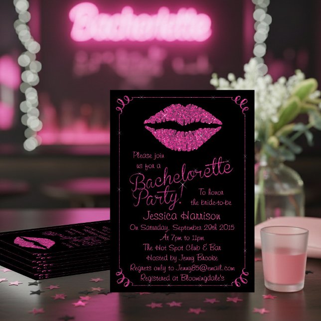 Hot Pink Lips Glitter Effect Bachelorette Party Invitation (Creator Uploaded)