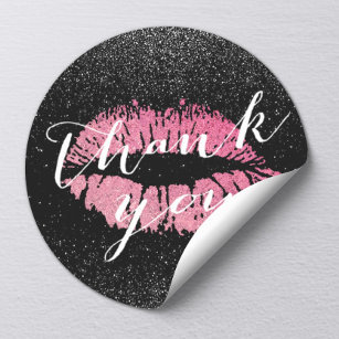 Hot Pink Lips Kiss Black Glitter Thank You Classic Round Sticker