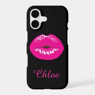 Hot Pink Lips Kiss Name Monogram Black iPhone Case