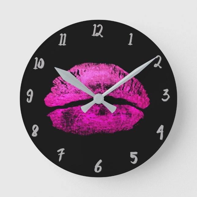 Hot Pink Lips Lipstick Kiss Glamour Glam Chic Round Clock (Front)