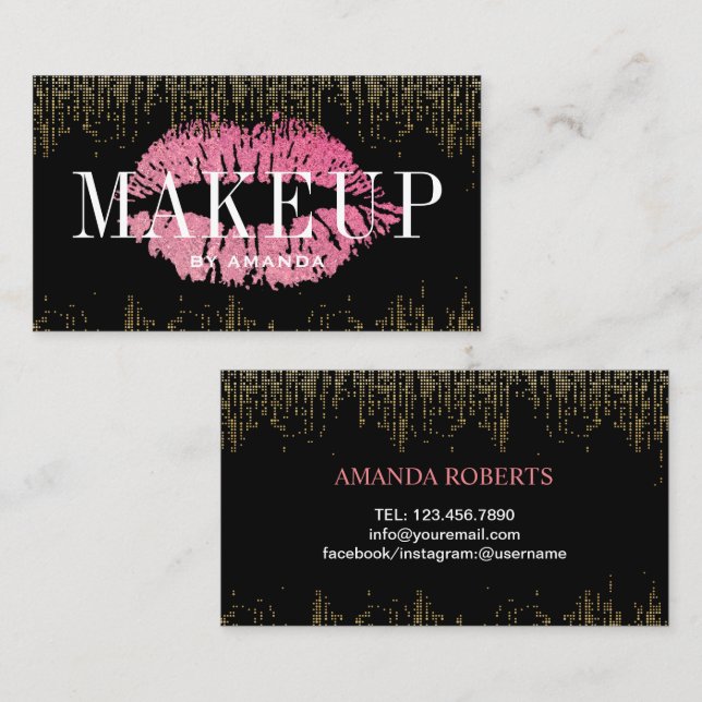Hot Pink Lips Makeup Artist Modern Gold Confetti Business Card (Front/Back)