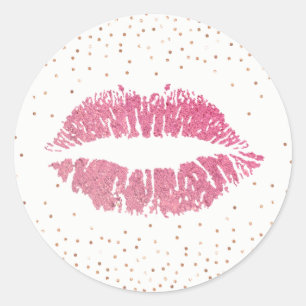 Hot Pink Lips Modern Rose Gold Confetti Classic Round Sticker