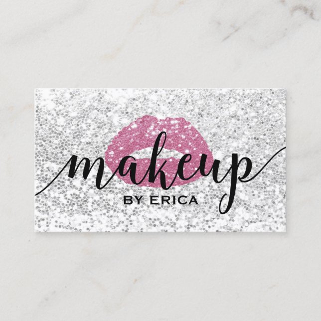 Hot Pink Lips Modern Silver Sequins Makeup Artist Business Card (Front)