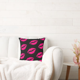 Hot Pink Lips Pattern Square Pillow Bold Aesthetic