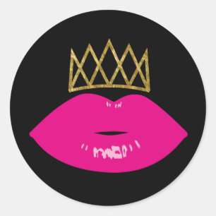 Hot Pink Lips Royal Gold Crown Modern Black Classic Round Sticker