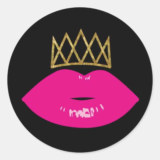 Hot Pink Lips Royal Gold Crown Modern Black Classic Round Sticker (Front)