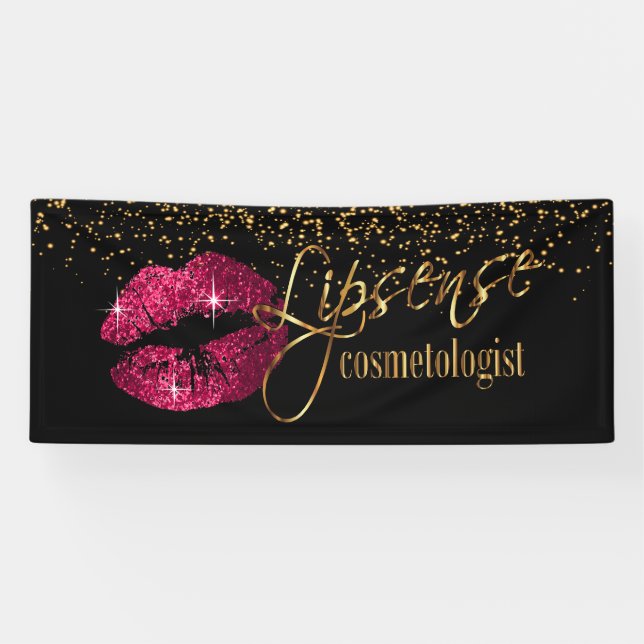 Hot Pink Lips With Gold Glitter Confetti Banner (Horizontal)
