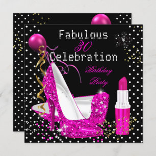Hot Pink Lipstick Glitter Heels Polka Dot Birthday Invitation