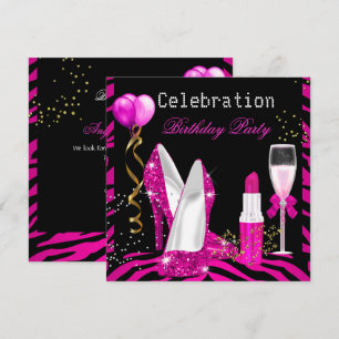 Hot Pink Lipstick Glitter Zebra Birthday Party Invitation