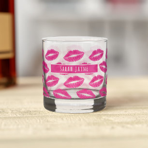 Hot Pink Lipstick Kiss Pattern Whiskey Glass