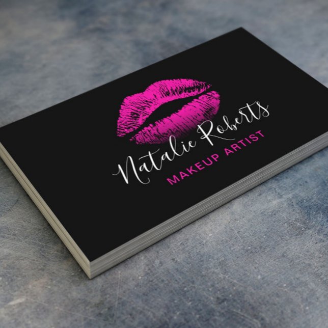 Hot Pink Lipstick Makeup Artist Black Beauty Salon Business Card (Creator Uploaded)