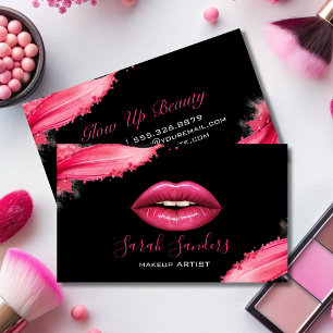 Hot Pink Lipstick Makeup Artist Black Business Card