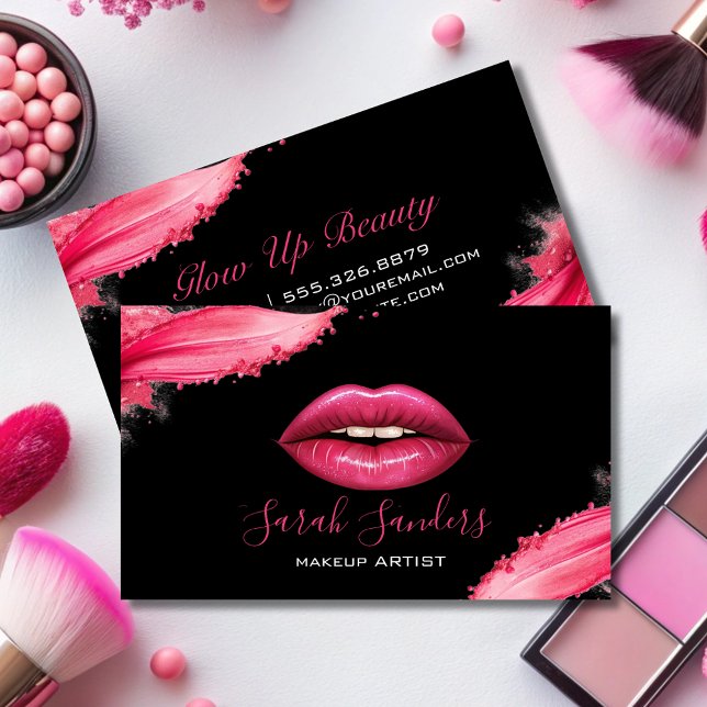Hot Pink Lipstick Makeup Artist Black  Business Card (Creator Uploaded)