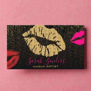 Hot Pink Lipstick Makeup Artist Gold Black  Business Card