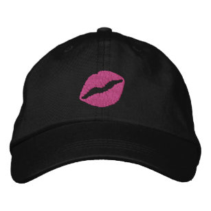 Hot Pink Lipstick Pucker Up Kiss on Black Embroidered Hat