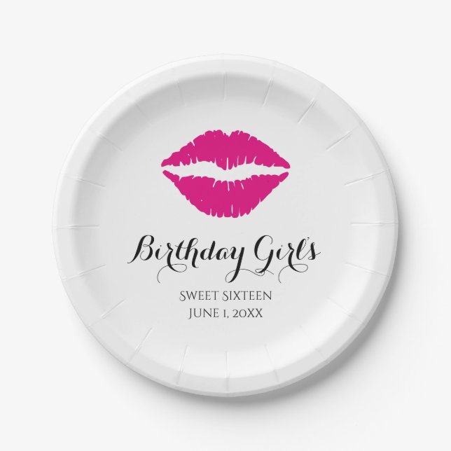Hot Pink Lipstick Sweet Sixteen Birthday Party Paper Plate (Front)