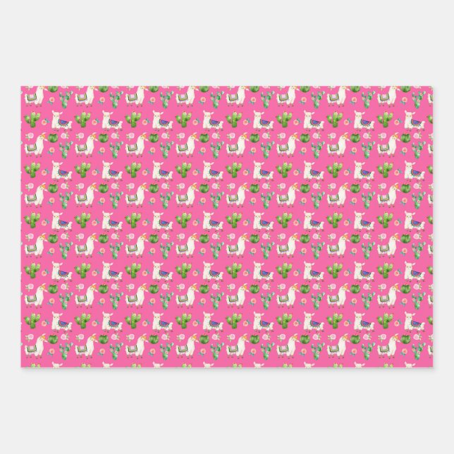 Hot Pink Llama/Cactus Fiesta Wrapping Paper (Front)