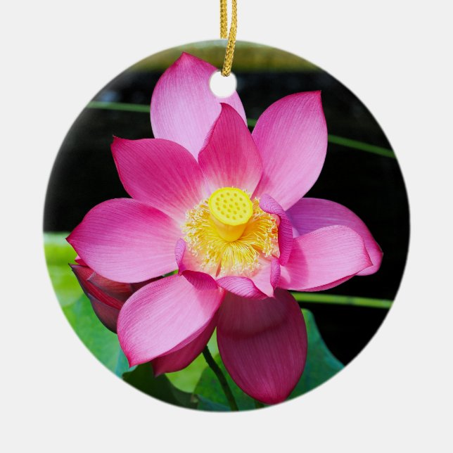 Hot Pink Lotus Flower Ceramic Ornament (Front)