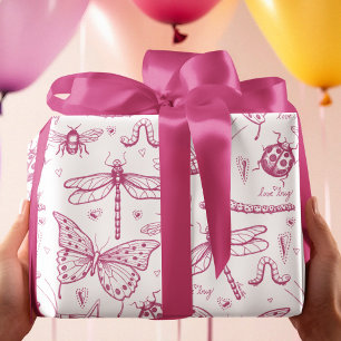 Hot Pink Love Bug Insect Illustration Pattern Wrapping Paper Sheet