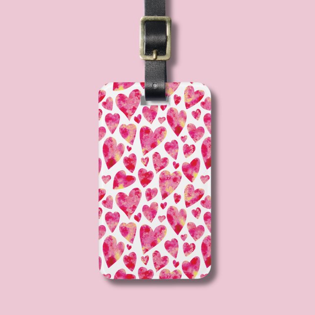 Hot Pink Love Heart pattern Luggage Tag (Pink watercolor love heart luggage tag)