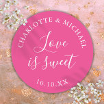 Hot Pink Love Is Sweet Wedding Favor  Classic Round Sticker<br><div class="desc">Hot pink wedding favor love is sweet classic round sticker. Designed by Thisisnotme©</div>