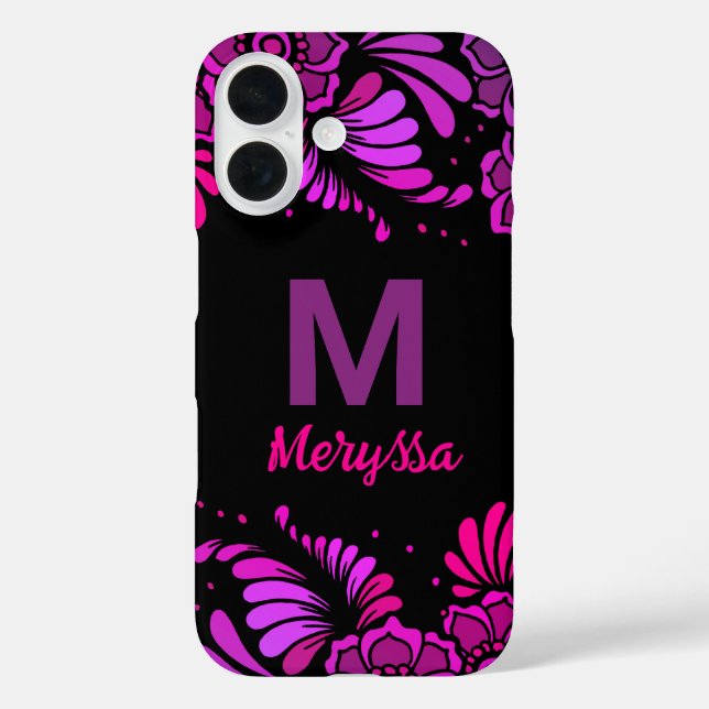 Hot Pink Magenta Black Purple Monogram Name Case-Mate iPhone Case (Back)