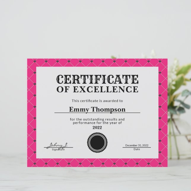 Hot Pink Magenta Company Award Certificate (Standing Front)