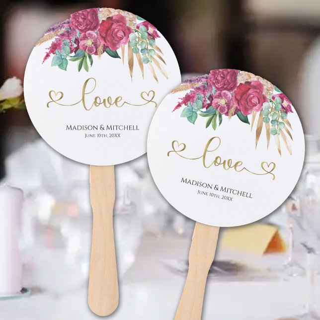 Hot Pink Magenta Floral Elegant Gold Script Hearts Hand Fan (Creator Uploaded)