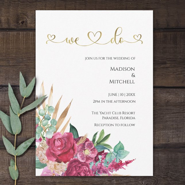 Hot Pink Magenta Floral Elegant Gold Script Hearts Invitation (Creator Uploaded)