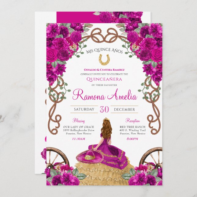 Hot Pink Magenta Floral Western Charro Quinceanera Invitation (Front/Back)
