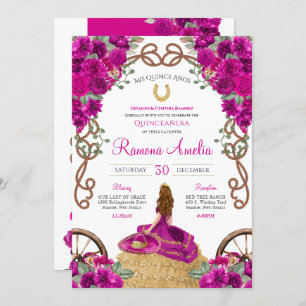 Hot Pink Magenta Floral Western Charro Quinceanera Invitation
