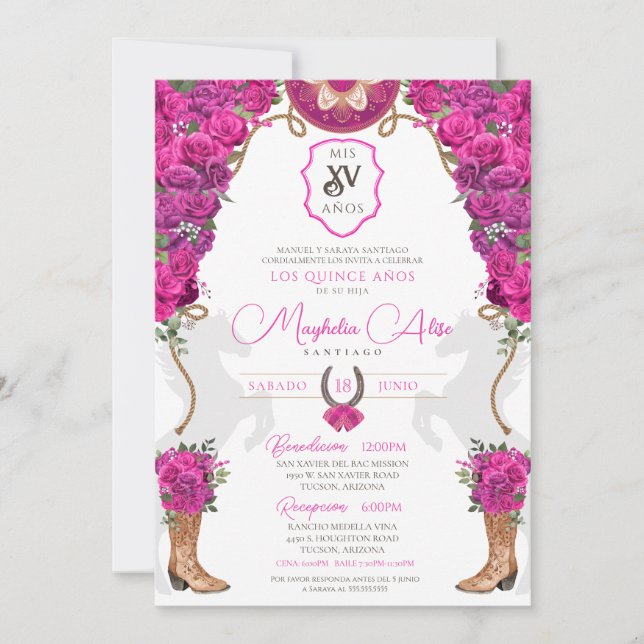 Hot Pink Magenta Floral Western Charro Quinceañera Invitation (Front)