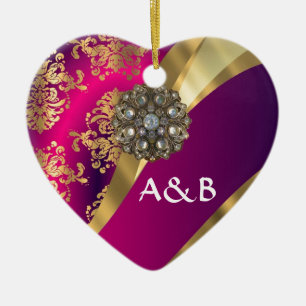 Hot pink Magenta & gold damask Ceramic Tree Decoration