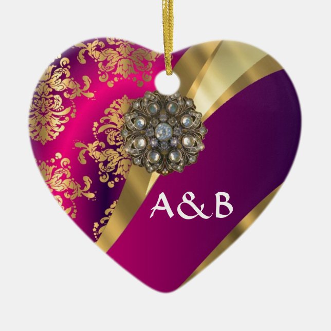 Hot pink Magenta & gold damask Ceramic Tree Decoration (Front)