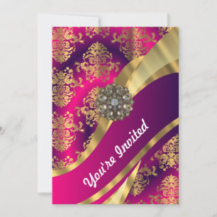 Hot pink Magenta & gold damask Invitation