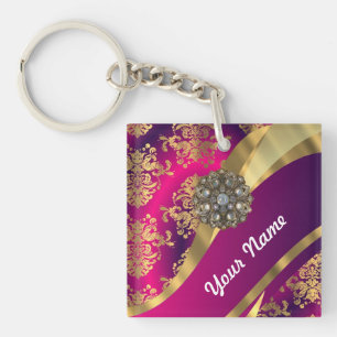 Hot pink Magenta & gold damask Key Ring