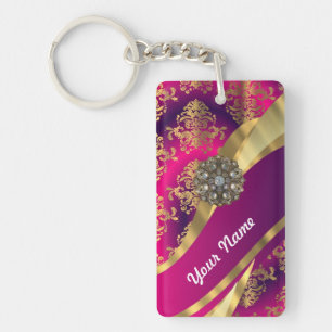 Hot pink Magenta & gold damask Key Ring