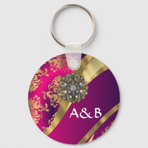Hot pink Magenta & gold damask Key Ring