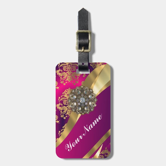 Hot pink Magenta & gold damask Luggage Tag (Front Vertical)