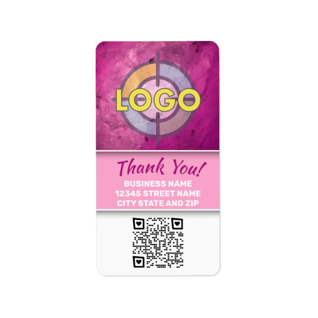 Hot Pink Magenta Marble Text QR Code Template Label (Front)