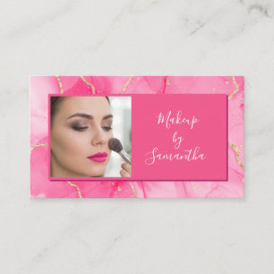 Hot Pink Marble Script Photo Makeup  Business Card