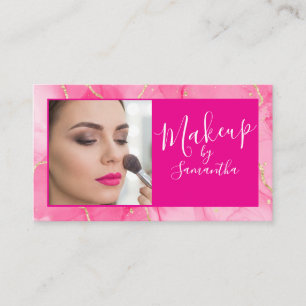 Hot Pink Marble Script Photo Makeup  Business Card