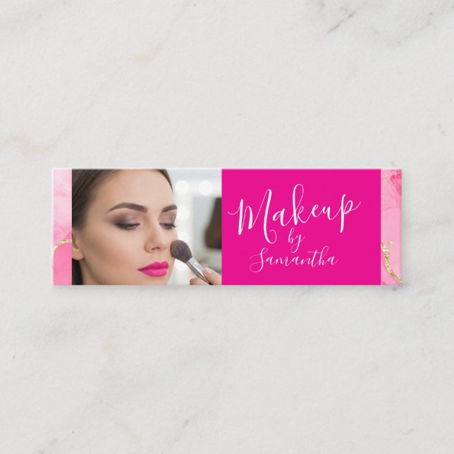 Hot Pink Marble Script Photo Makeup  Mini Business Card (Front)