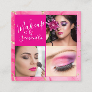 Hot Pink Marble Script Photo Makeup  Square Business Card