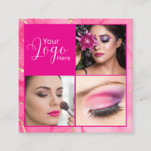 Hot Pink Marble Script Photo Makeup  Square Business Card