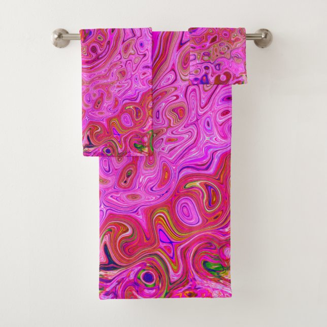 Hot Pink Marbled Colours Abstract Retro Swirl Bath Towel Set (Insitu)