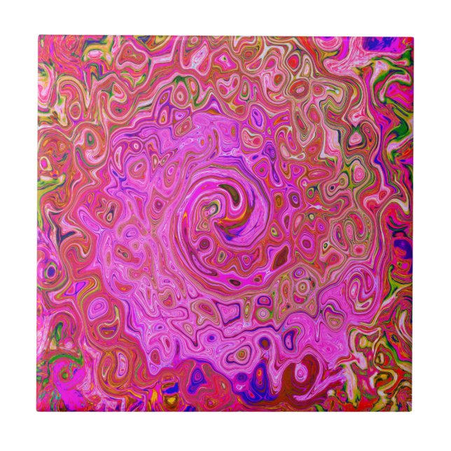Hot Pink Marbled Colours Abstract Retro Swirl Ceramic Tile (Front)