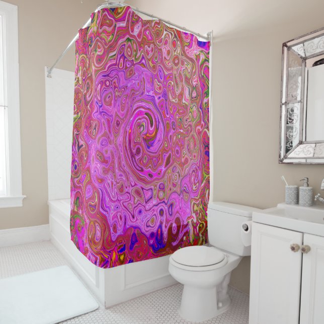 Hot Pink Marbled Colours Abstract Retro Swirl Shower Curtain (In Situ)
