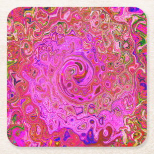 Hot Pink Marbled Colours Abstract Retro Swirl Square Paper Coaster