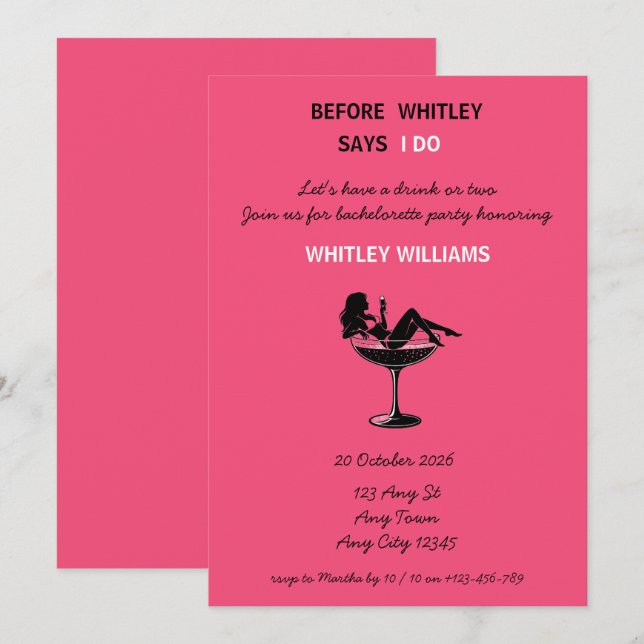 Hot Pink Martini Bachelorette Party Invitation (Front/Back)